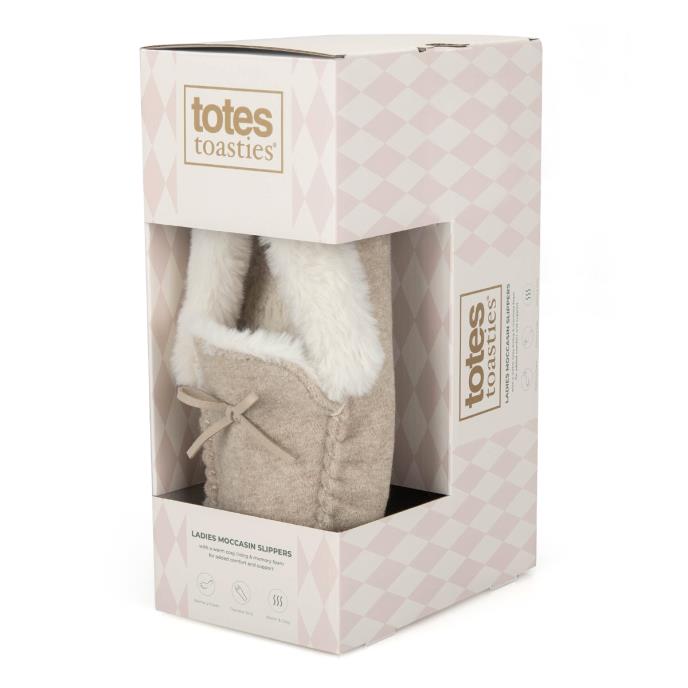 totes toasties® Ladies Velour Moccasin Slippers Taupe Extra Image 1